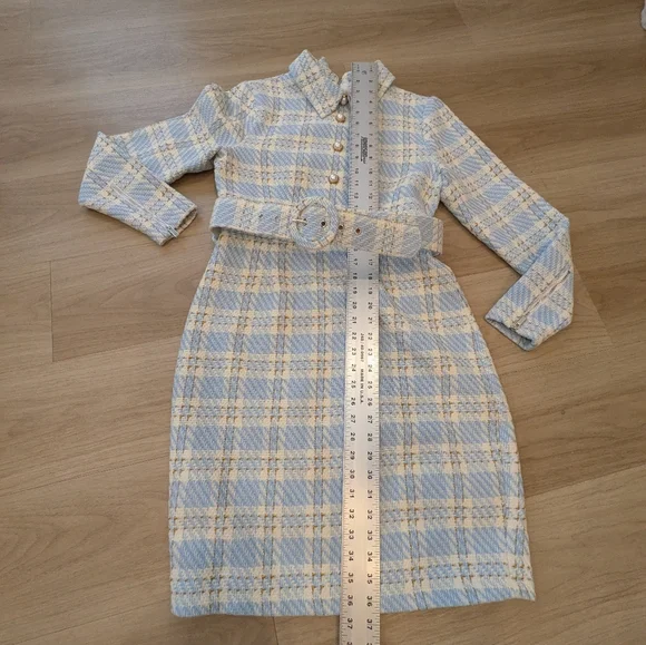 Ivy City - White Blue Plaid Long Sleeve Dress with Belt And Pearl Buttons - Picture 2 of 6